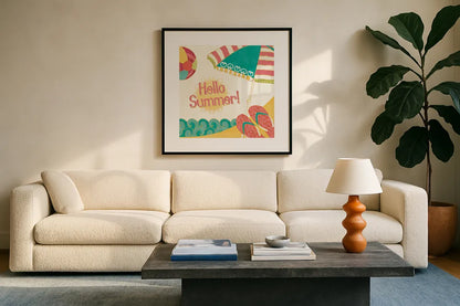 Fun in the Sun II by Veronique Charron. Displayed in a glass frame with matte in a clean modern living room. Available as an archival giclee rolled canvas, fine art paper, or poster print. SKU 42511a.