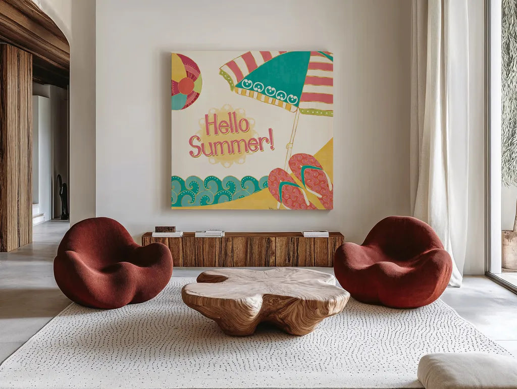 Fun in the Sun II by Veronique Charron. Shown as extra-large giant wall art in a modern living room. Available as an archival giclee rolled canvas, fine art paper, or poster print. SKU 42511a.