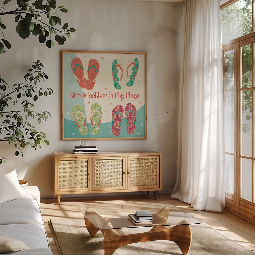 Fun in the Sun III by Veronique Charron. Shown in a natural wood frame in a cozy modern living room. Available as an archival giclee rolled canvas, fine art paper, or poster print. SKU 42512a.