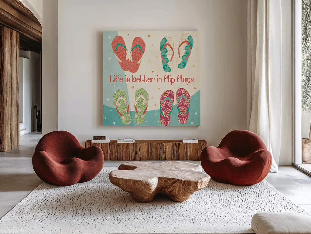 Fun in the Sun III by Veronique Charron. Shown as extra-large giant wall art in a modern living room. Available as an archival giclee rolled canvas, fine art paper, or poster print. SKU 42512a.