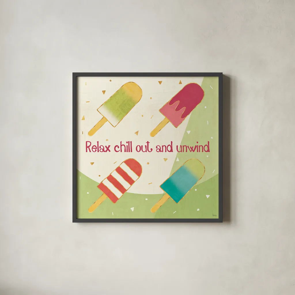 Fun in the Sun IV by Veronique Charron. Shown in a sleek black glass frame for a contemporary gallery look. Available as an archival giclee rolled canvas, fine art paper, or poster print. SKU 42513a.