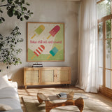 Fun in the Sun IV by Veronique Charron. Shown in a natural wood frame in a cozy modern living room. Available as an archival giclee rolled canvas, fine art paper, or poster print. SKU 42513a.