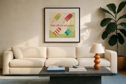 Fun in the Sun IV by Veronique Charron. Displayed in a glass frame with matte in a clean modern living room. Available as an archival giclee rolled canvas, fine art paper, or poster print. SKU 42513a.
