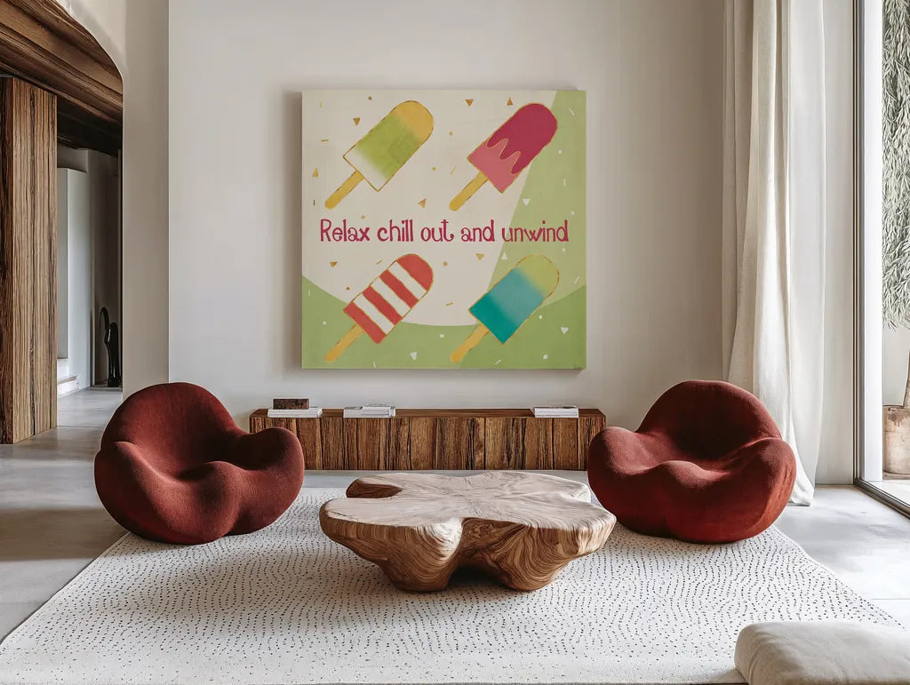 Fun in the Sun IV by Veronique Charron. Shown as extra-large giant wall art in a modern living room. Available as an archival giclee rolled canvas, fine art paper, or poster print. SKU 42513a.