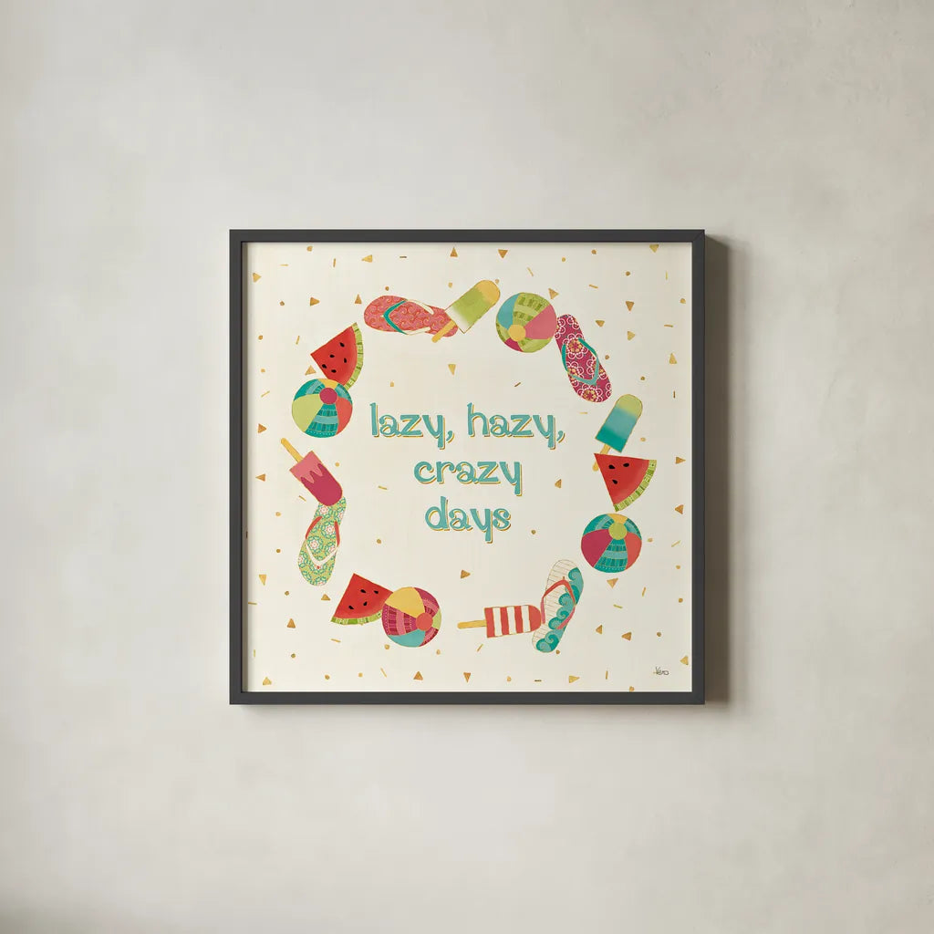 Fun in the Sun V by Veronique Charron. Shown in a sleek black glass frame for a contemporary gallery look. Available as an archival giclee rolled canvas, fine art paper, or poster print. SKU 42514a.