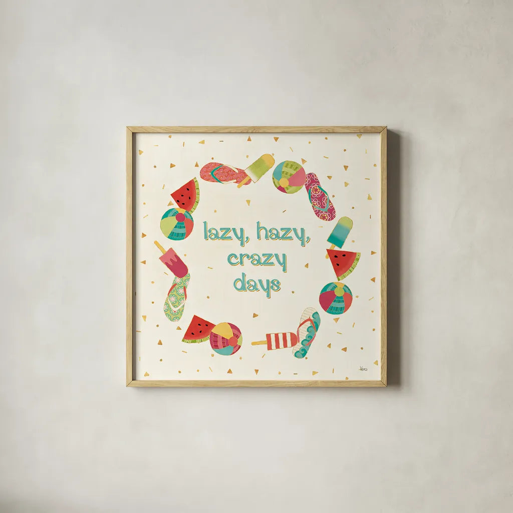 Fun in the Sun V by Veronique Charron. Shown in a natural wood glass frame for a timeless modern aesthetic. Available as an archival giclee rolled canvas, fine art paper, or poster print. SKU 42514a.