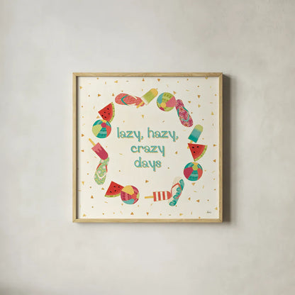 Fun in the Sun V by Veronique Charron. Shown in a natural wood glass frame for a timeless modern aesthetic. Available as an archival giclee rolled canvas, fine art paper, or poster print. SKU 42514a.