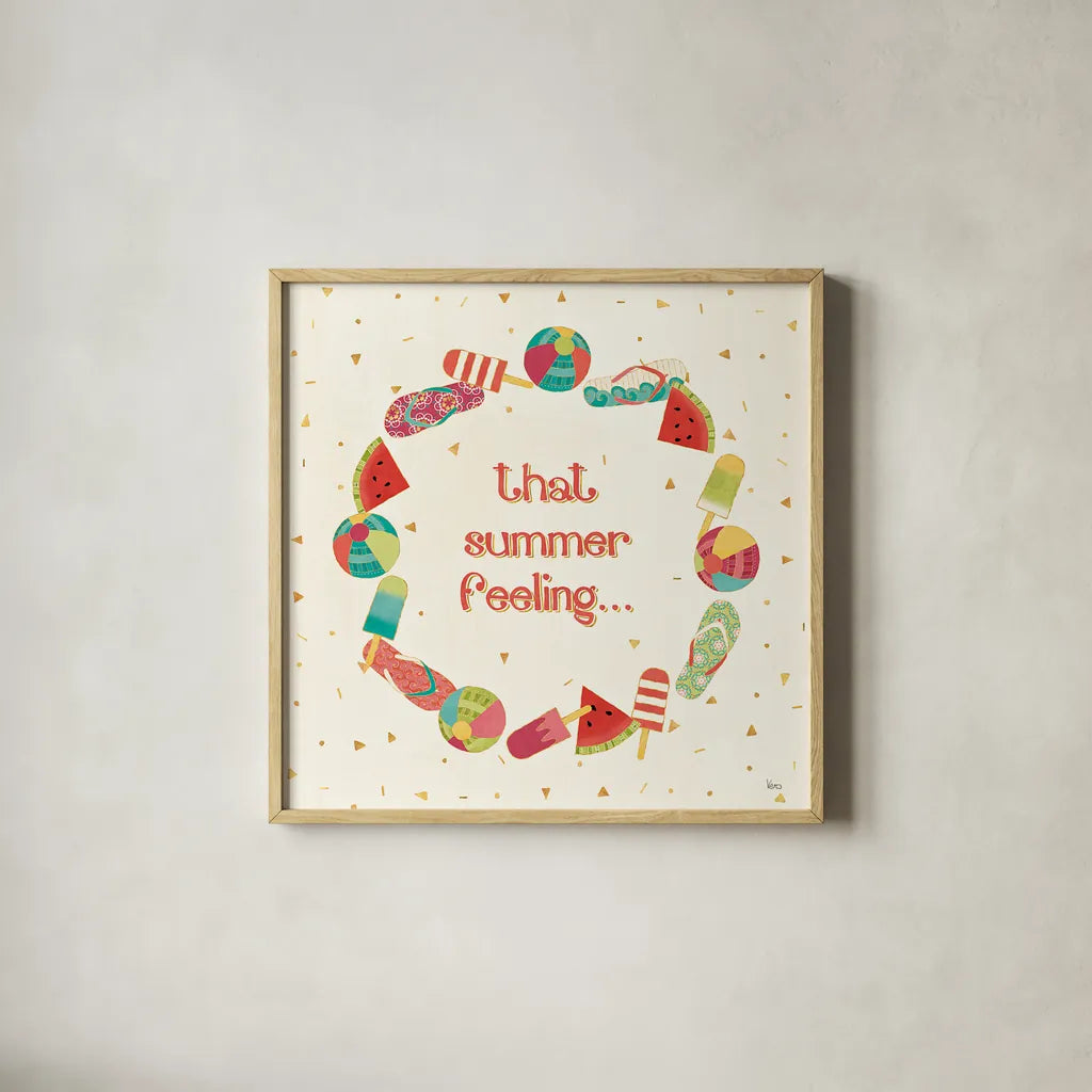 Fun in the Sun VI by Veronique Charron. Shown in a natural wood glass frame for a timeless modern aesthetic. Available as an archival giclee rolled canvas, fine art paper, or poster print. SKU 42515a.