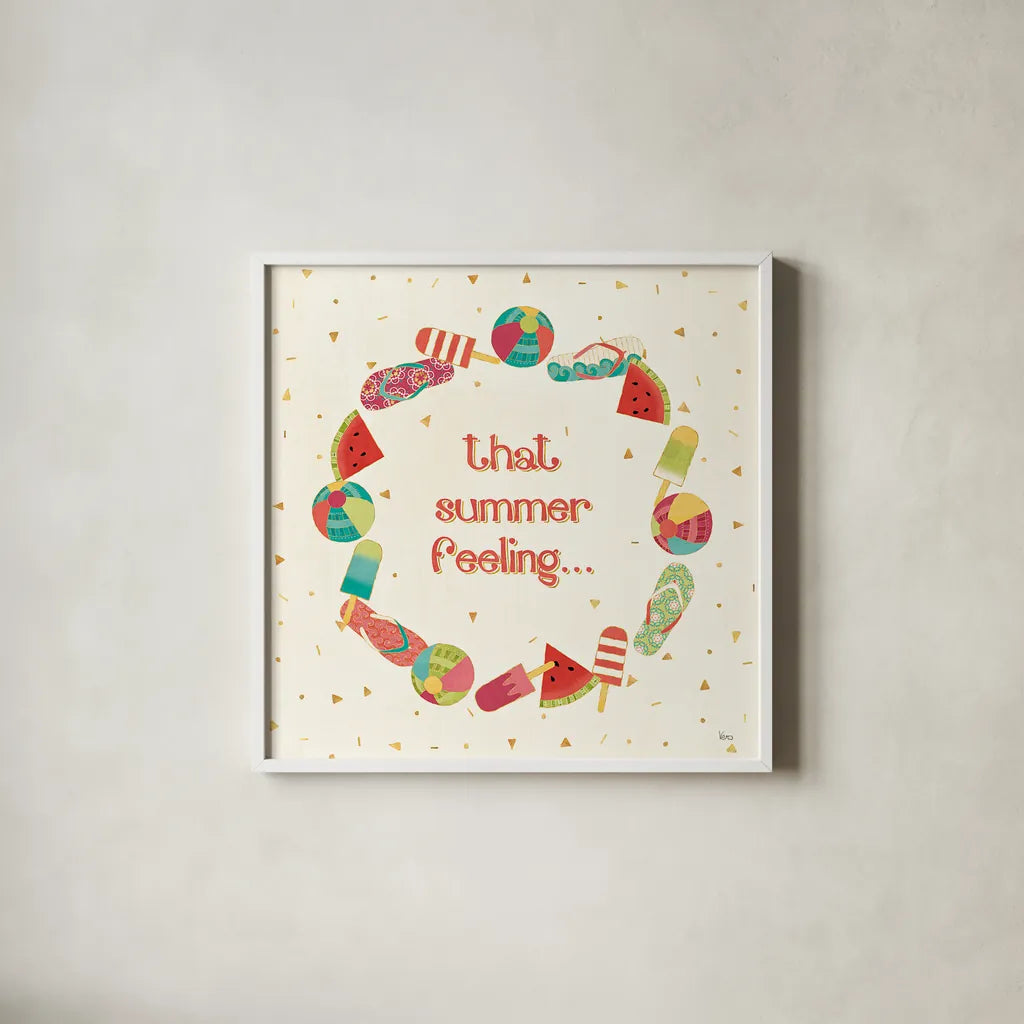 Fun in the Sun VI by Veronique Charron. Shown in a crisp white glass frame for a clean and minimalist style. Available as an archival giclee rolled canvas, fine art paper, or poster print. SKU 42515a.