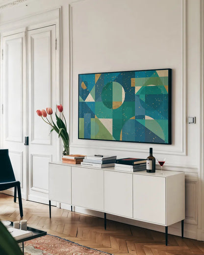 Geo Contour I by Veronique Charron. shown as a framed stretched canvas in a living room above a console. Available as a archival giclee rolled canvas, fine art paper, or poster print. SKU 28732i.