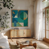 Geo Contour II by Veronique Charron. Shown in a natural wood frame in a cozy modern living room. Available as an archival giclee rolled canvas, fine art paper, or poster print. SKU 28733a.