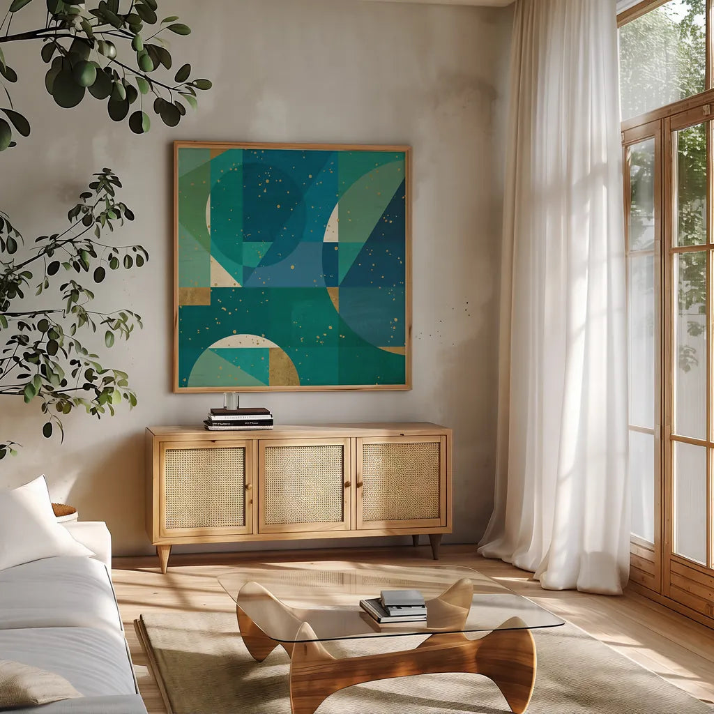 Geo Contour III by Veronique Charron. Shown in a natural wood frame in a cozy modern living room. Available as an archival giclee rolled canvas, fine art paper, or poster print. SKU 28734a.