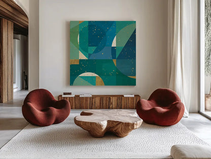 Geo Contour III by Veronique Charron. Shown as extra-large giant wall art in a modern living room. Available as an archival giclee rolled canvas, fine art paper, or poster print. SKU 28734a.