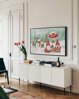 Gnome Sweet Gnome I by Veronique Charron. shown as a framed stretched canvas in a living room above a console. Available as a archival giclee rolled canvas, fine art paper, or poster print. SKU 69509i.