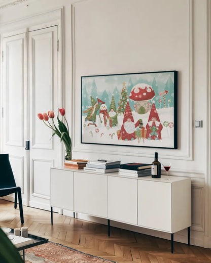 Gnome Sweet Gnome I by Veronique Charron. shown as a framed stretched canvas in a living room above a console. Available as a archival giclee rolled canvas, fine art paper, or poster print. SKU 69509i.