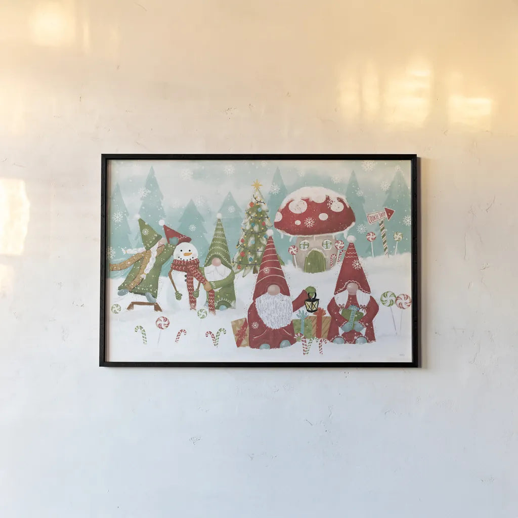 Gnome Sweet Gnome I by Veronique Charron. shown as a paper print in a black flame. Available as a archival giclee rolled canvas, fine art paper, or poster print. SKU 69509i.