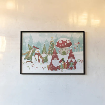 Gnome Sweet Gnome I by Veronique Charron. shown as a paper print in a black flame. Available as a archival giclee rolled canvas, fine art paper, or poster print. SKU 69509i.