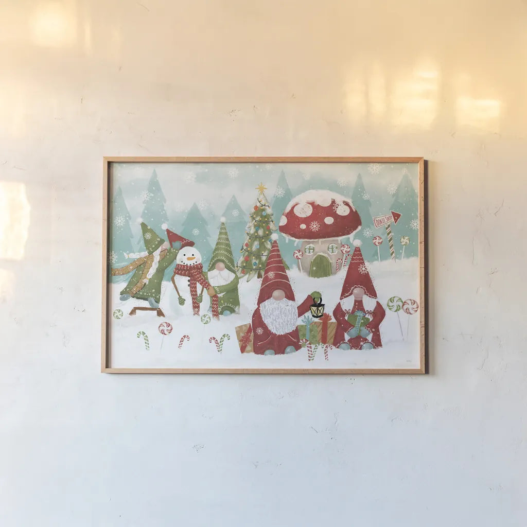 Gnome Sweet Gnome I by Veronique Charron. shown as a paper print in a natural frame. Available as a archival giclee rolled canvas, fine art paper, or poster print. SKU 69509i.