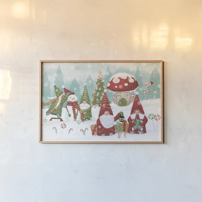 Gnome Sweet Gnome I by Veronique Charron. shown as a paper print in a natural frame. Available as a archival giclee rolled canvas, fine art paper, or poster print. SKU 69509i.