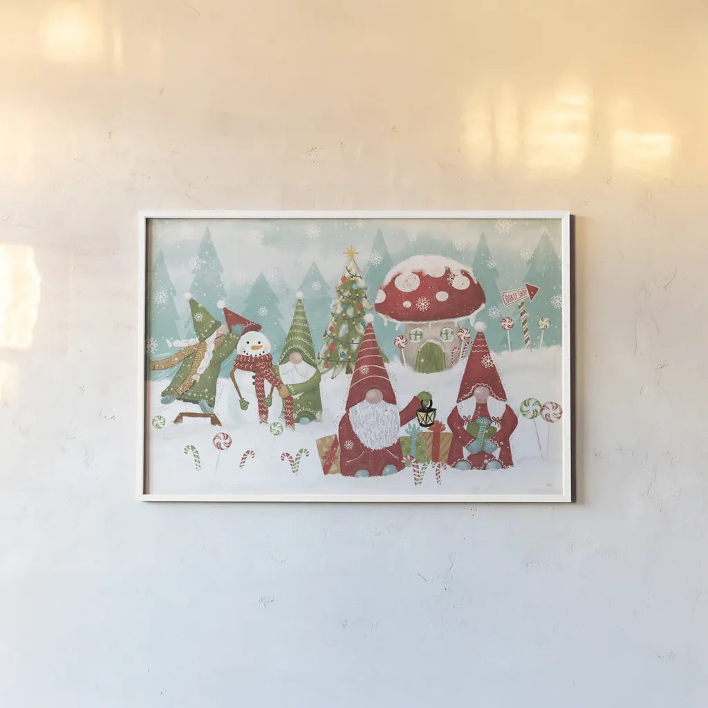 Gnome Sweet Gnome I by Veronique Charron. shown as a paper print in a white frame. Available as a archival giclee rolled canvas, fine art paper, or poster print. SKU 69509i.