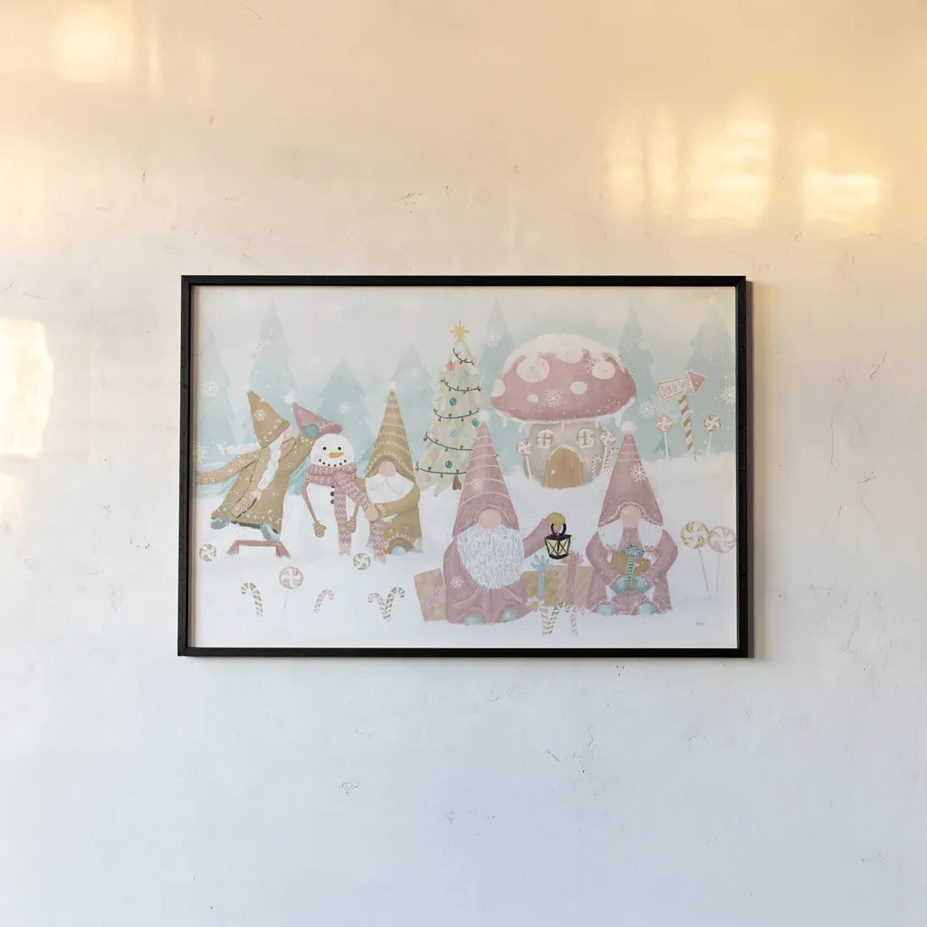 Gnome Sweet Gnome I by Veronique Charron. shown as a paper print in a black flame. Available as a archival giclee rolled canvas, fine art paper, or poster print. SKU 70596i.