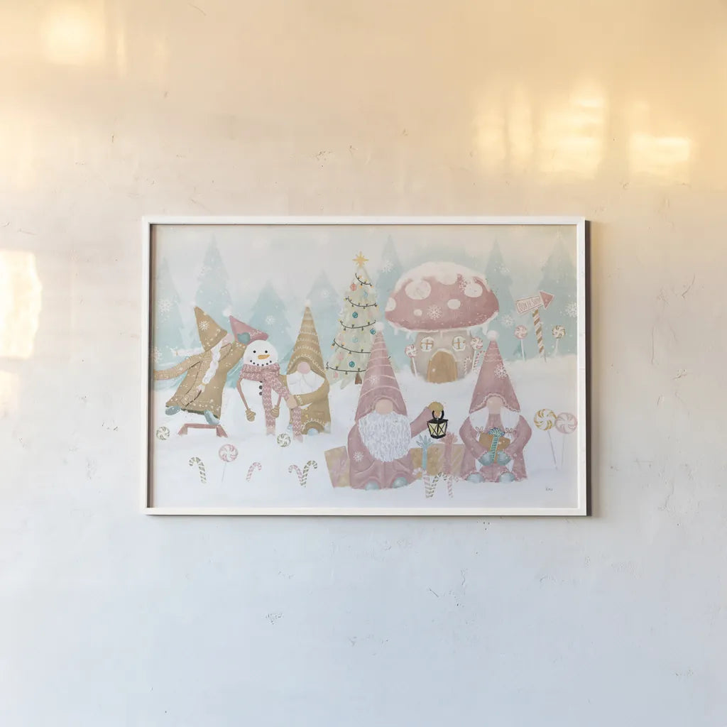 Gnome Sweet Gnome I by Veronique Charron. shown as a paper print in a white frame. Available as a archival giclee rolled canvas, fine art paper, or poster print. SKU 70596i.