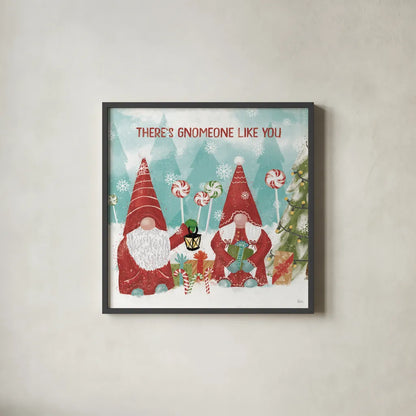 Gnome Sweet Gnome II by Veronique Charron. Shown in a sleek black glass frame for a contemporary gallery look. Available as an archival giclee rolled canvas, fine art paper, or poster print. SKU 69510a.