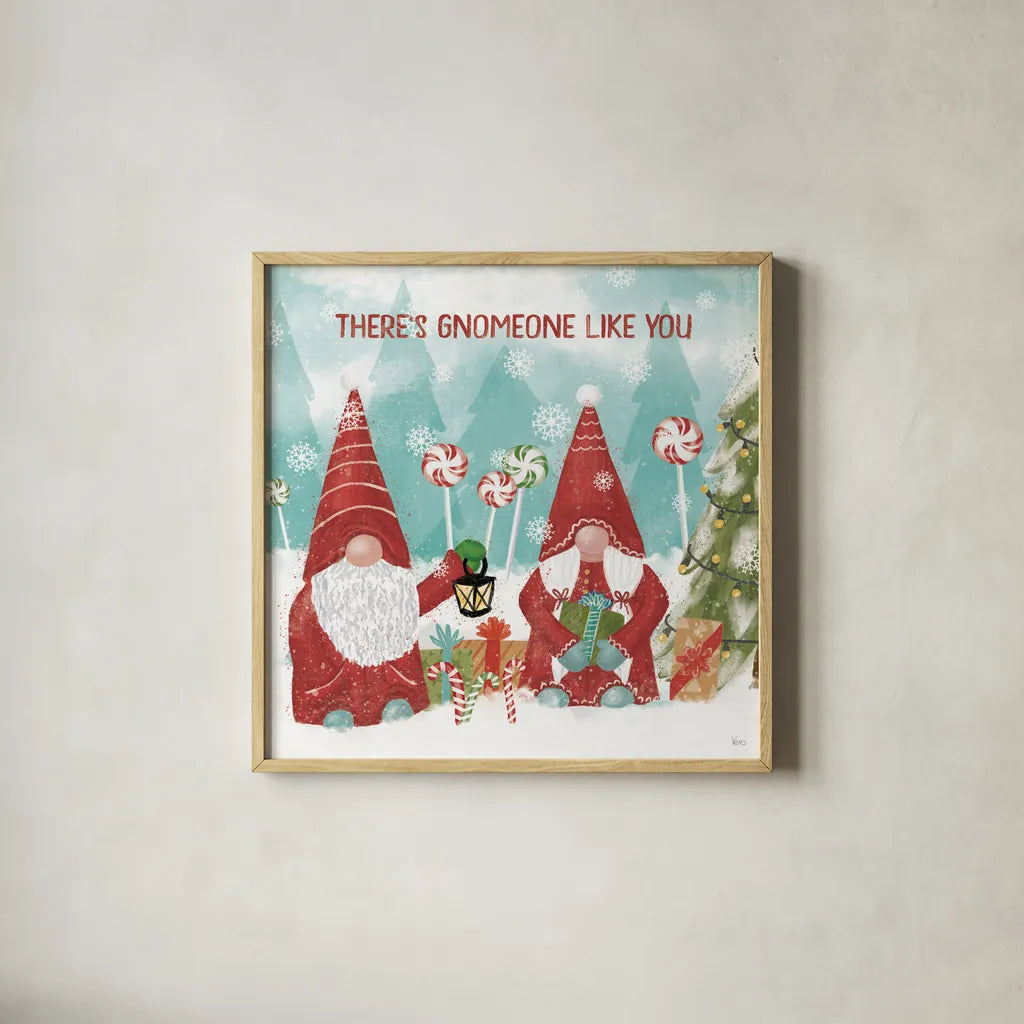 Gnome Sweet Gnome II by Veronique Charron. Shown in a natural wood glass frame for a timeless modern aesthetic. Available as an archival giclee rolled canvas, fine art paper, or poster print. SKU 69510a.