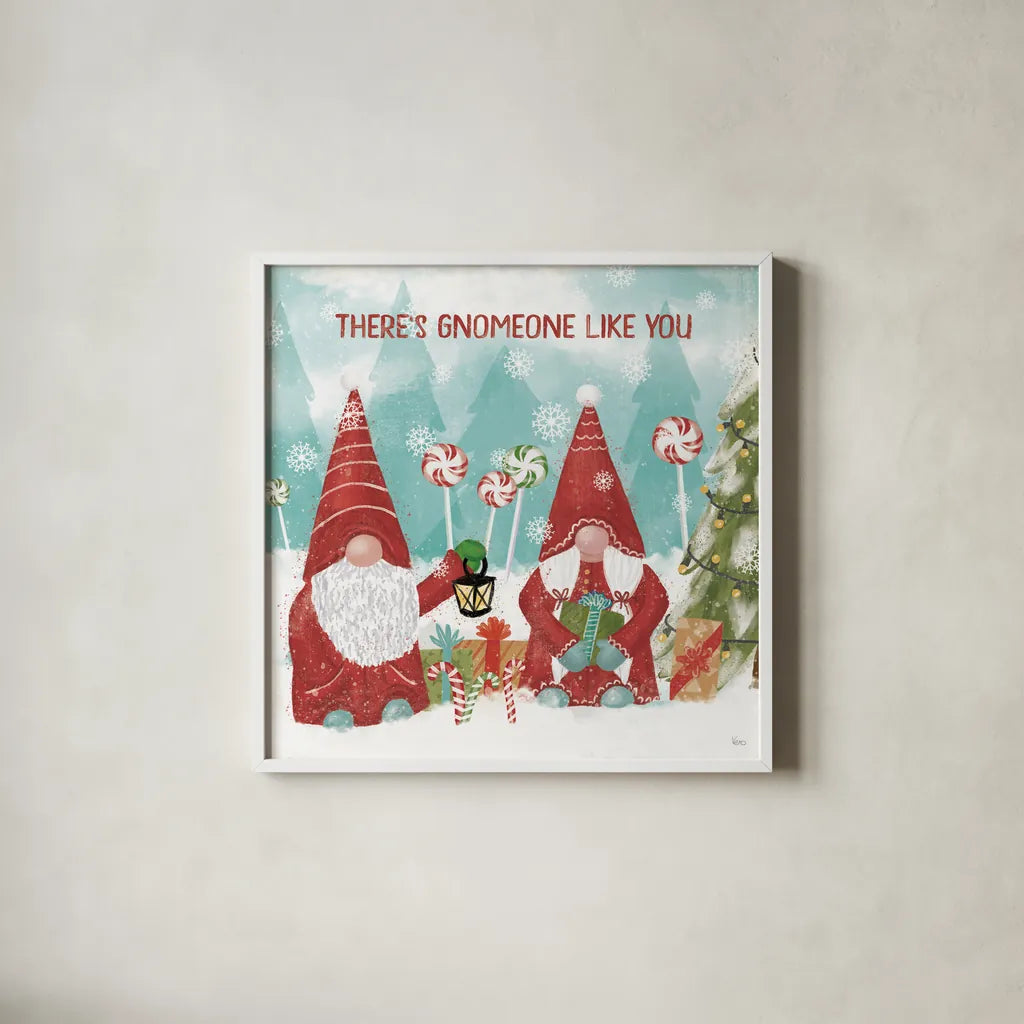 Gnome Sweet Gnome II by Veronique Charron. Shown in a crisp white glass frame for a clean and minimalist style. Available as an archival giclee rolled canvas, fine art paper, or poster print. SKU 69510a.