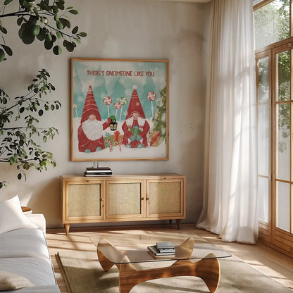 Gnome Sweet Gnome II by Veronique Charron. Shown in a natural wood frame in a cozy modern living room. Available as an archival giclee rolled canvas, fine art paper, or poster print. SKU 69510a.