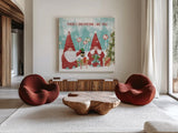 Gnome Sweet Gnome II by Veronique Charron. Shown as extra-large giant wall art in a modern living room. Available as an archival giclee rolled canvas, fine art paper, or poster print. SKU 69510a.