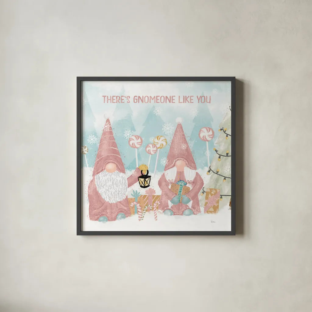 Gnome Sweet Gnome II Blush by Veronique Charron. Shown in a sleek black glass frame for a contemporary gallery look. Available as an archival giclee rolled canvas, fine art paper, or poster print. SKU 70597a.