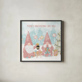 Gnome Sweet Gnome II Blush by Veronique Charron. Shown in a sleek black glass frame for a contemporary gallery look. Available as an archival giclee rolled canvas, fine art paper, or poster print. SKU 70597a.