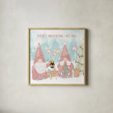 Gnome Sweet Gnome II Blush by Veronique Charron. Shown in a natural wood glass frame for a timeless modern aesthetic. Available as an archival giclee rolled canvas, fine art paper, or poster print. SKU 70597a.