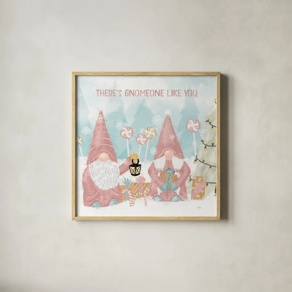 Gnome Sweet Gnome II Blush by Veronique Charron. Shown in a natural wood glass frame for a timeless modern aesthetic. Available as an archival giclee rolled canvas, fine art paper, or poster print. SKU 70597a.