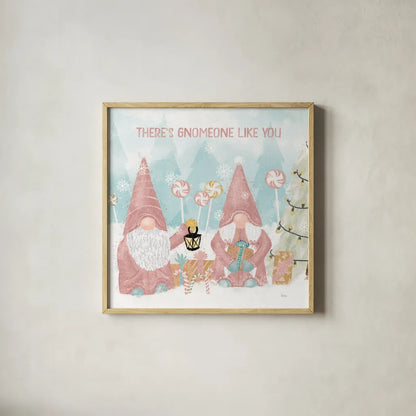 Gnome Sweet Gnome II Blush by Veronique Charron. Shown in a natural wood glass frame for a timeless modern aesthetic. Available as an archival giclee rolled canvas, fine art paper, or poster print. SKU 70597a.