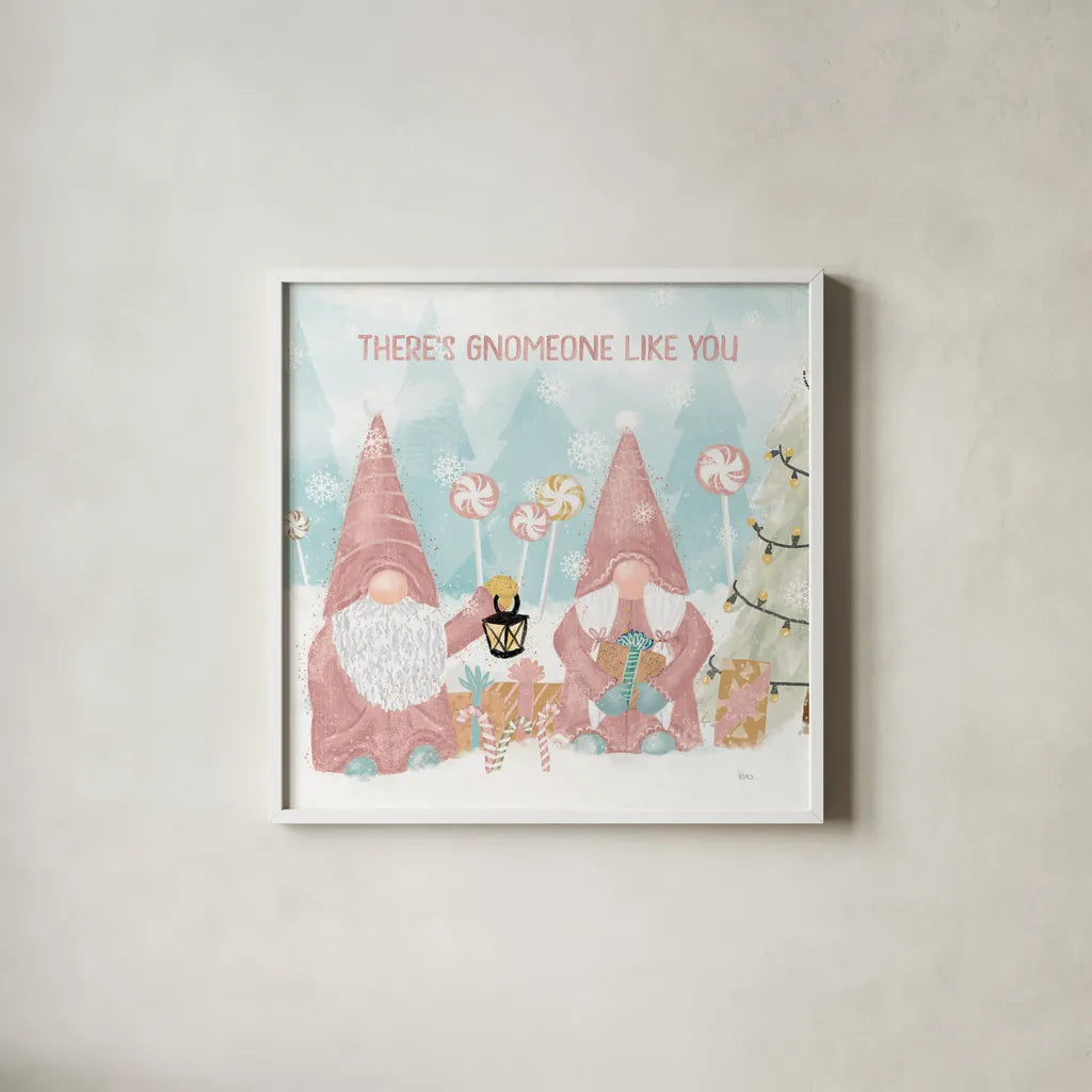 Gnome Sweet Gnome II Blush by Veronique Charron. Shown in a crisp white glass frame for a clean and minimalist style. Available as an archival giclee rolled canvas, fine art paper, or poster print. SKU 70597a.