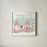 Gnome Sweet Gnome II Blush by Veronique Charron. Shown in a crisp white glass frame for a clean and minimalist style. Available as an archival giclee rolled canvas, fine art paper, or poster print. SKU 70597a.