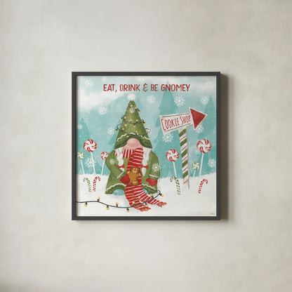 Gnome Sweet Gnome III by Veronique Charron. Shown in a sleek black glass frame for a contemporary gallery look. Available as an archival giclee rolled canvas, fine art paper, or poster print. SKU 69511a.