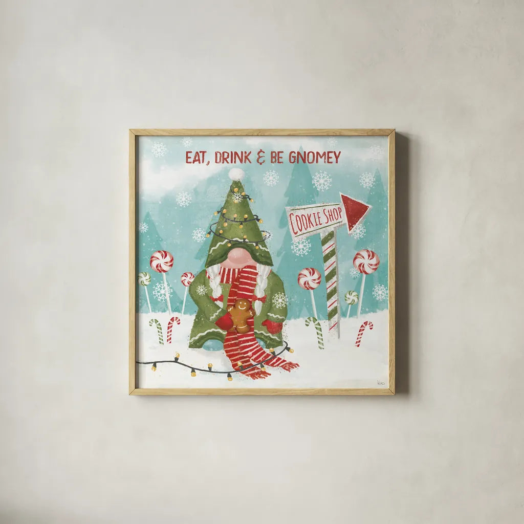 Gnome Sweet Gnome III by Veronique Charron. Shown in a natural wood glass frame for a timeless modern aesthetic. Available as an archival giclee rolled canvas, fine art paper, or poster print. SKU 69511a.