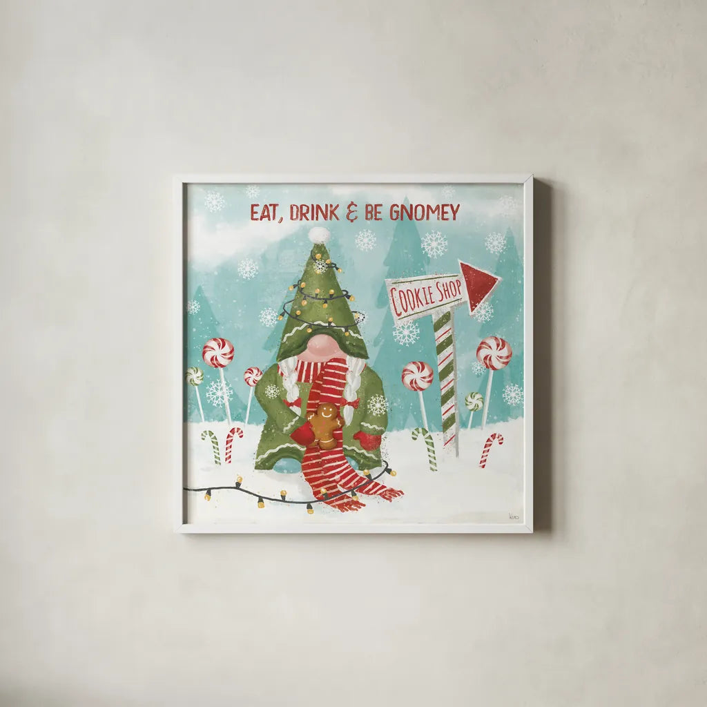 Gnome Sweet Gnome III by Veronique Charron. Shown in a crisp white glass frame for a clean and minimalist style. Available as an archival giclee rolled canvas, fine art paper, or poster print. SKU 69511a.