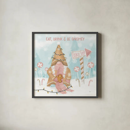 Gnome Sweet Gnome III Blush by Veronique Charron. Shown in a sleek black glass frame for a contemporary gallery look. Available as an archival giclee rolled canvas, fine art paper, or poster print. SKU 70598a.