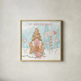 Gnome Sweet Gnome III Blush by Veronique Charron. Shown in a natural wood glass frame for a timeless modern aesthetic. Available as an archival giclee rolled canvas, fine art paper, or poster print. SKU 70598a.