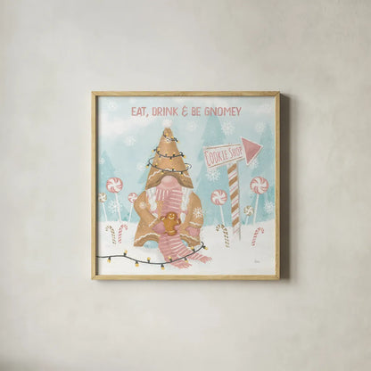 Gnome Sweet Gnome III Blush by Veronique Charron. Shown in a natural wood glass frame for a timeless modern aesthetic. Available as an archival giclee rolled canvas, fine art paper, or poster print. SKU 70598a.