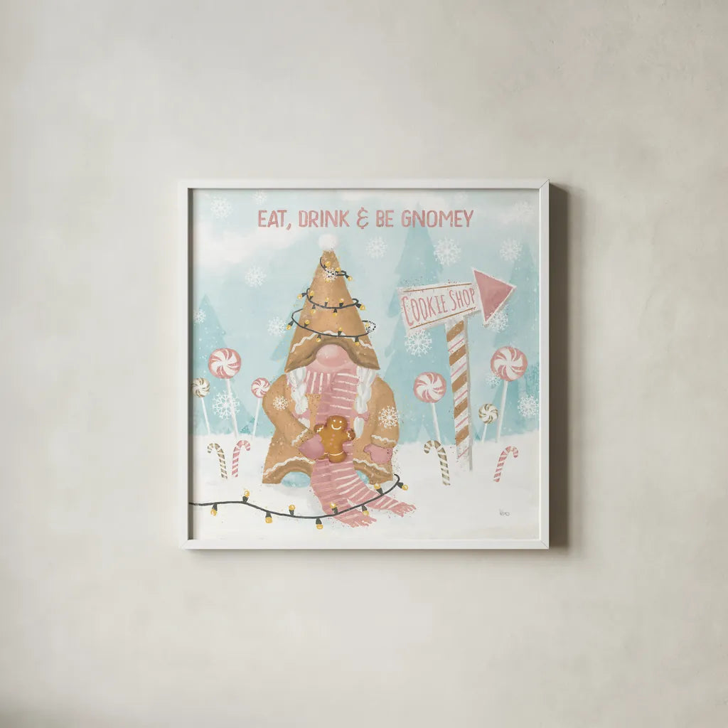 Gnome Sweet Gnome III Blush by Veronique Charron. Shown in a crisp white glass frame for a clean and minimalist style. Available as an archival giclee rolled canvas, fine art paper, or poster print. SKU 70598a.