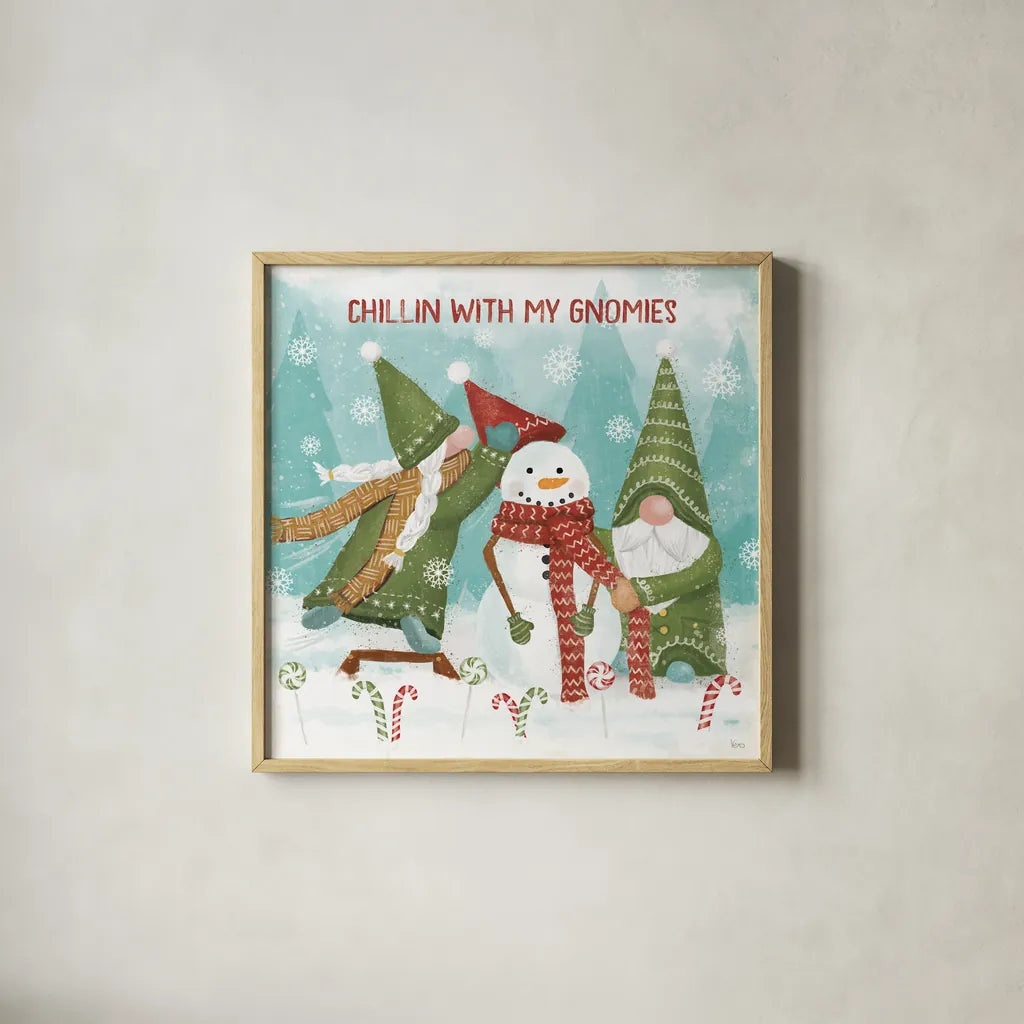 Gnome Sweet Gnome IV by Veronique Charron. Shown in a natural wood glass frame for a timeless modern aesthetic. Available as an archival giclee rolled canvas, fine art paper, or poster print. SKU 69512a.