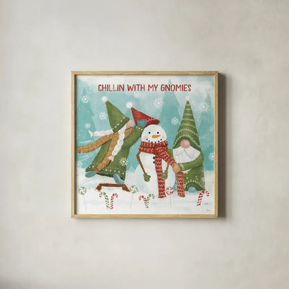 Gnome Sweet Gnome IV by Veronique Charron. Shown in a natural wood glass frame for a timeless modern aesthetic. Available as an archival giclee rolled canvas, fine art paper, or poster print. SKU 69512a.