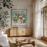 Gnome Sweet Gnome IV by Veronique Charron. Shown in a natural wood frame in a cozy modern living room. Available as an archival giclee rolled canvas, fine art paper, or poster print. SKU 69512a.
