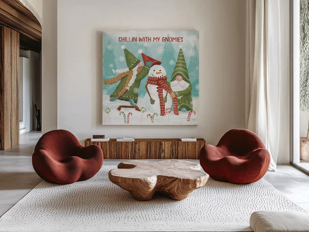 Gnome Sweet Gnome IV by Veronique Charron. Shown as extra-large giant wall art in a modern living room. Available as an archival giclee rolled canvas, fine art paper, or poster print. SKU 69512a.