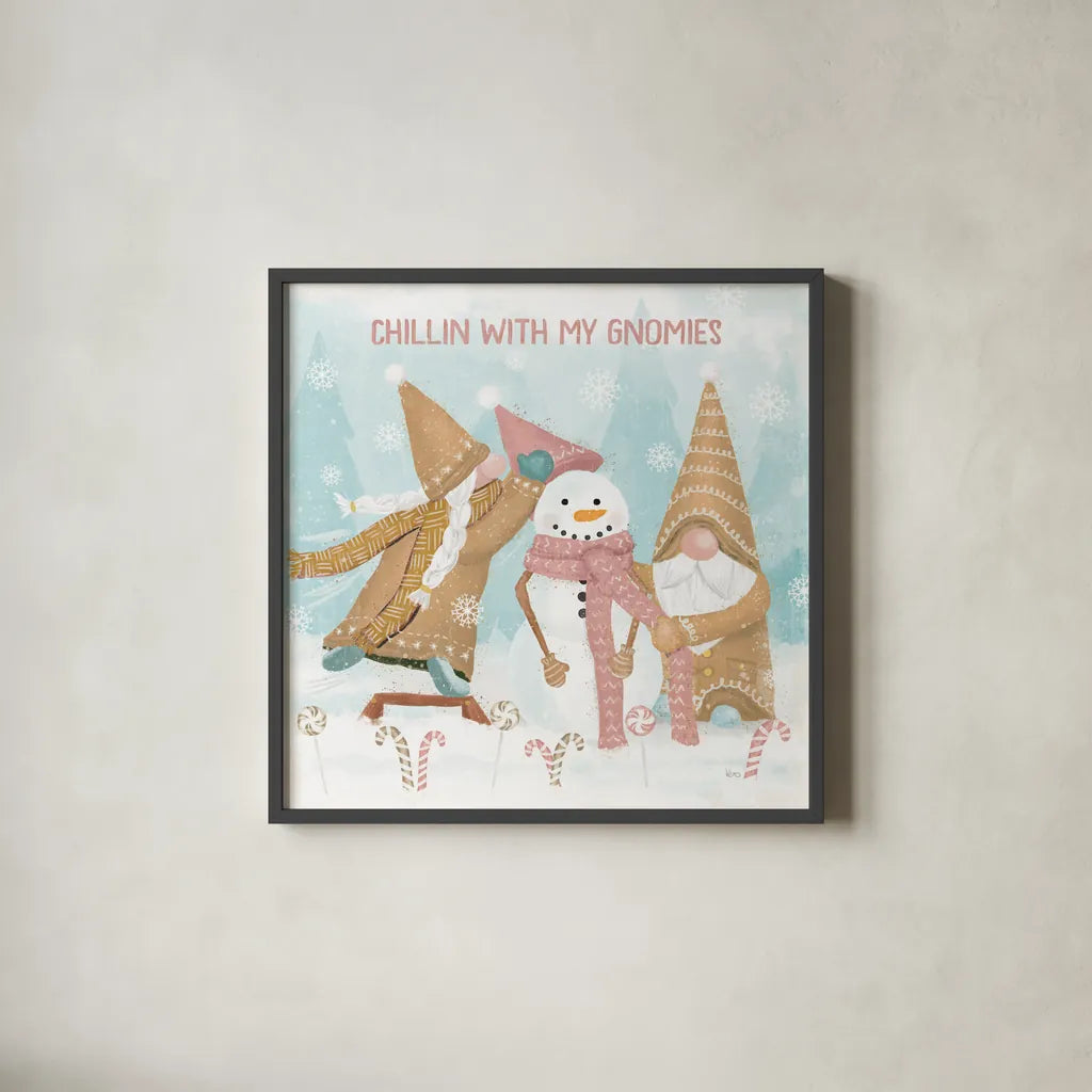 Gnome Sweet Gnome IV Blush by Veronique Charron. Shown in a sleek black glass frame for a contemporary gallery look. Available as an archival giclee rolled canvas, fine art paper, or poster print. SKU 70599a.